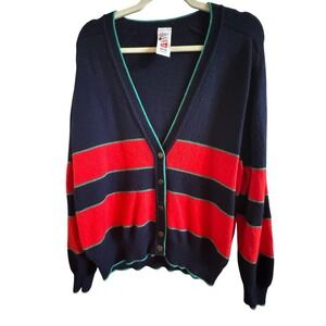 Vintage St. Michael Lambswool Adult Navy UK 46-48 Large Cardigan Red Stripes
